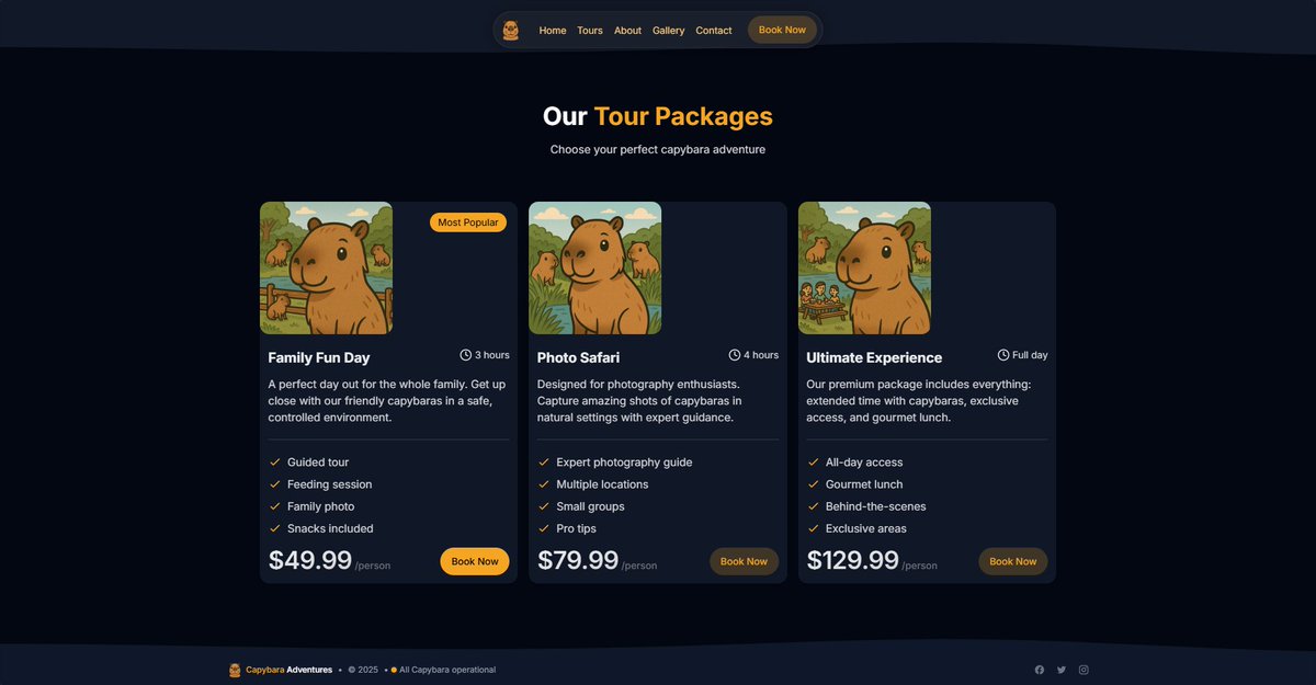 Domvnxk's tweet photo. @hero_ui Just shipped my #HeroHack submission (Landing page): a Capybara Adventures landing page! ๐
Animated hero, clear pricing, and testimonials - all optimized for conversions!
Built with @HeroUI & TailwindCSS
๐Check it out: https://t.co/d9FHaoF81N https://t.co/fOyMrZfZf8