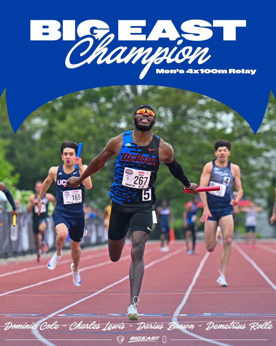 DePaulXCTF's tweet photo. Blue Demons lead the charge in the men’s 4x100m relays with a program record, 39.55🔥

#BlueGrit🔵😈 https://t.co/j9LbjUOSfu