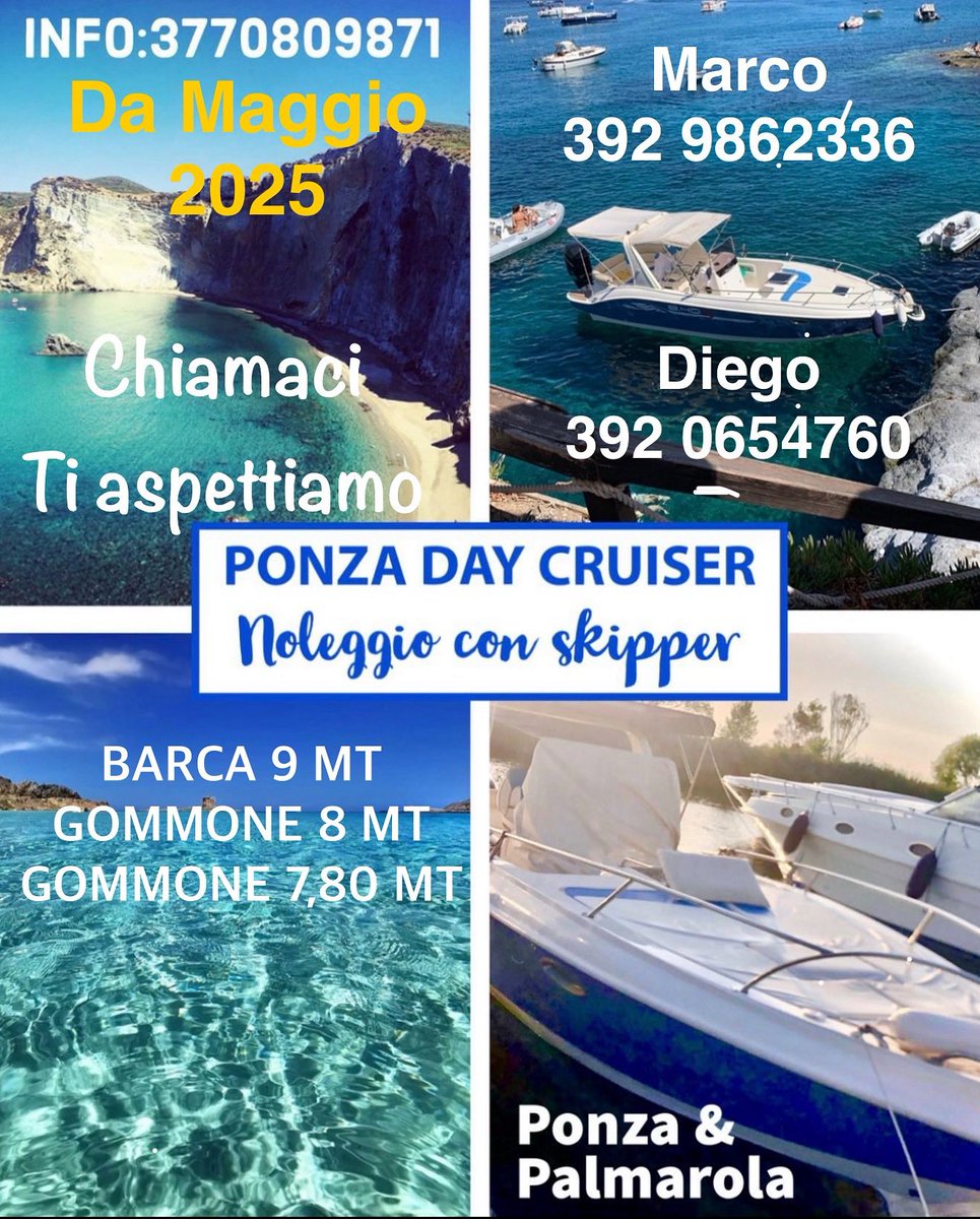 ponzadaycruiser's tweet photo. Ponza Day Cruiser inizia finalmente la stagione 2025! Con una flotta rinnovata: Barca 9 metri con motore 350 cv, gommone 8 mt due motore 115 cv, gommone 8 mt 250 cv. Da maggio in acqua tutti i giorni! Contattaci per info: Diego 392 0654760 - Marco 392 9862336 -whatsapp 3770809871 https://t.co/xl5zhABhNO