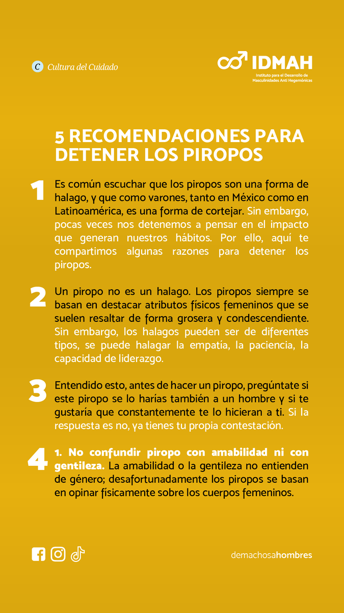 machosahombres's tweet photo. 5 recomendaciones para detener los piropos

#IDMAH #demachosaHOMBRES #CulturaDelCuidado #Piropo #Halago #Reflexion https://t.co/LFKfo7NXE7