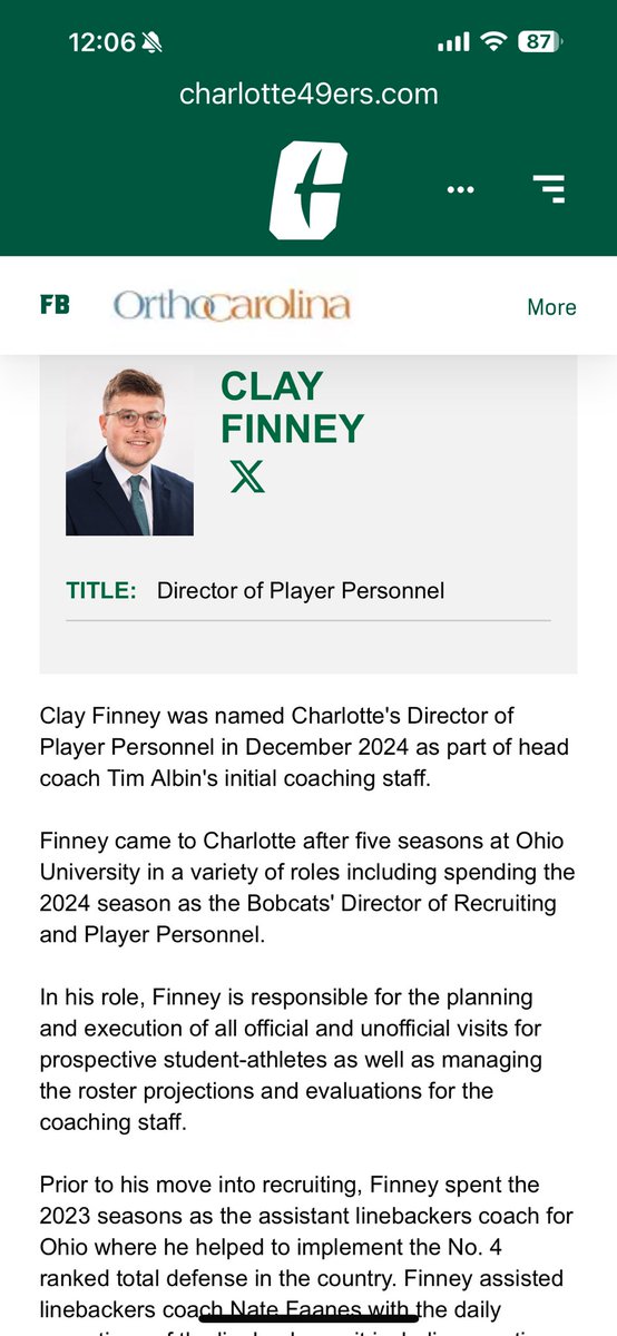 Mike Farrell (@mfarrellsports) on Twitter photo Player personnel is crucial and <a href="/CoachClay_CLT/">Clay Finney</a> does a great job.
<a href="/CharlotteFTBL/">Charlotte Football</a> <a href="/CoachAlbin/">Tim Albin</a> Player personnel is crucial and <a href="/CoachClay_CLT/">Clay Finney</a> does a great job.
<a href="/CharlotteFTBL/">Charlotte Football</a> <a href="/CoachAlbin/">Tim Albin</a>
