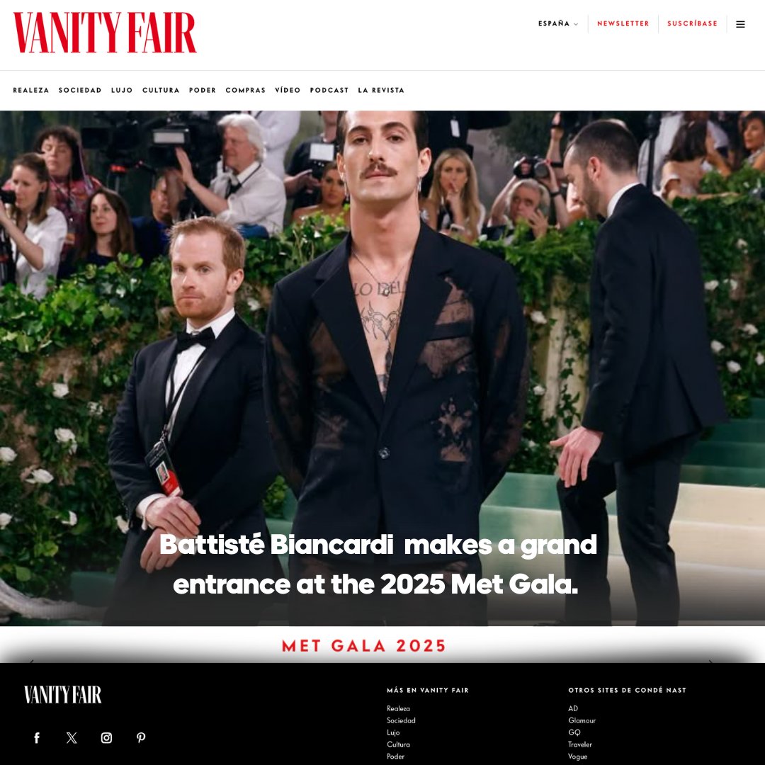 #VanityFairRP › Updates ›
𝗡𝗲𝘄𝘀 𝗻𝗼𝘁𝗶𝗰𝗲𝘀: News notices »
News posts › Post vía twitter

Battisté Biancardi (<a href="/ardescurita/">ؘ</a>) has officially arrived at the 2025 Met Gala — “Superfine: Tailoring Black Style.”  A night that celebrates the artistry of Black fashion.