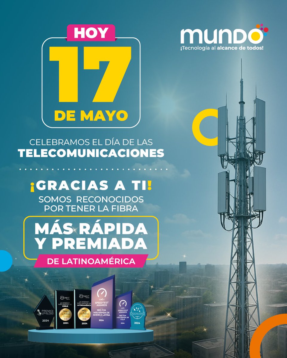 Hoy celebramos el Día de las Telecomunicaciones con el orgullo de estar conectados contigo.

Porque hablar de telecomunicaciones es hablar de progreso, de calidad y de un servicio que transforma vidas.

Gracias a quienes nos eligen todos los días.

#Mundo #TuMundo