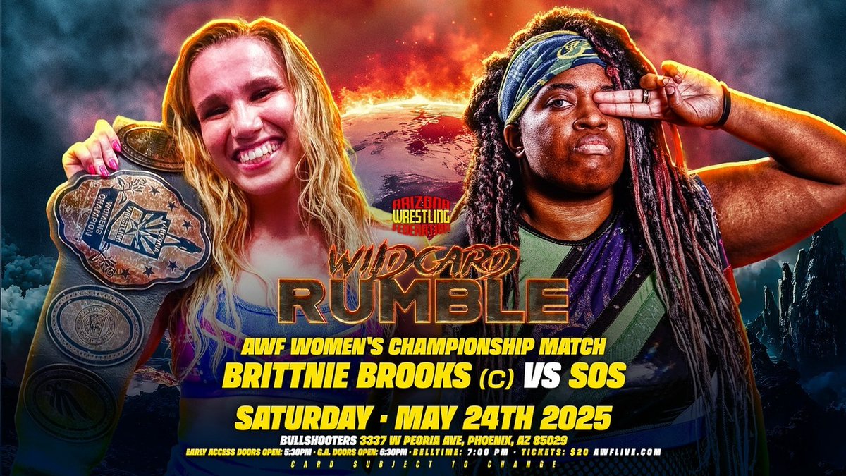 AWF | Arizona Wrestling Federation (@prowrestlingaz) on Twitter photo SAT 5/24: BRITTNIE BROOKS defends her AWF Women’s Championship against SOS at the Wildcard Rumble! TICKETS: …-wrestling-federation-llc.square.site/product/awf-wi… SAT 5/24: BRITTNIE BROOKS defends her AWF Women’s Championship against SOS at the Wildcard Rumble! TICKETS: …-wrestling-federation-llc.square.site/product/awf-wi…