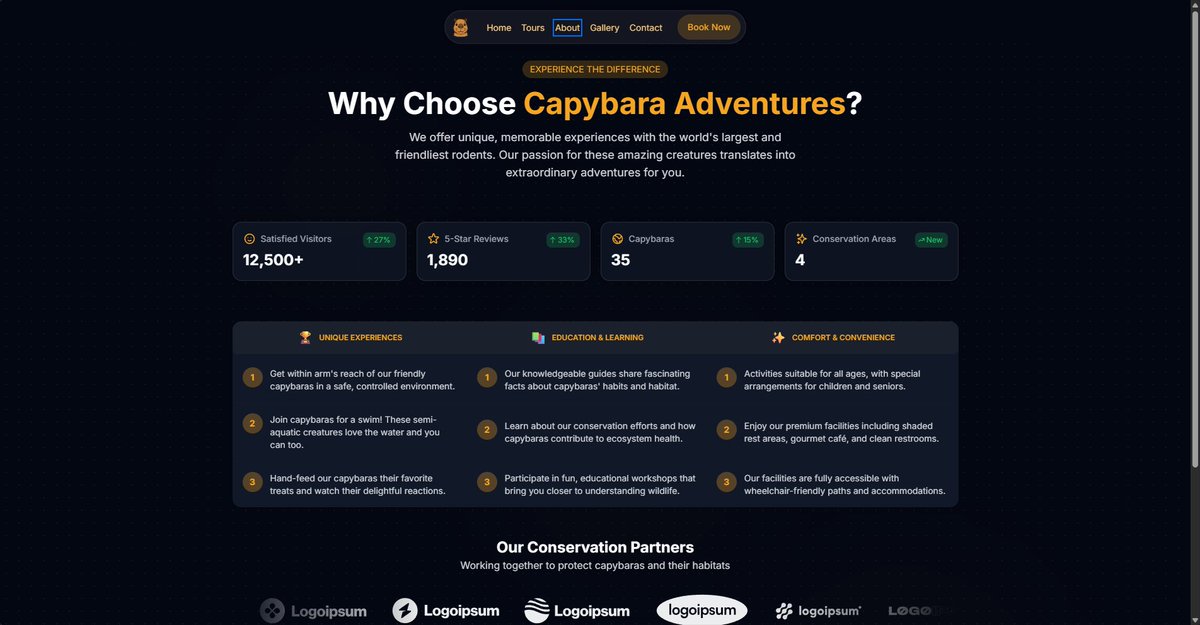 Domvnxk's tweet photo. @hero_ui Just shipped my #HeroHack submission (Landing page): a Capybara Adventures landing page! ๐
Animated hero, clear pricing, and testimonials - all optimized for conversions!
Built with @HeroUI & TailwindCSS
๐Check it out: https://t.co/d9FHaoF81N https://t.co/fOyMrZfZf8
