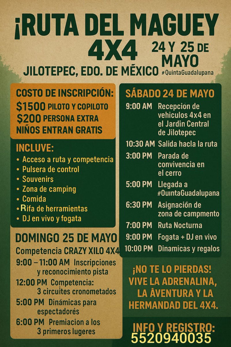 Todos son bienvenidos, se va estar de lujo!!!

Más info con los amigos de Crazys Xilo

#PasionJeepera #4x4 #4x4Mexico #OffRoad #Jeeperos #Jeepear #TodoTerreno #Rutas4x4 #Eventos4x4 #SoyJeepero #Calendario4x4 #Aventura4x4 #Competencias4x4 #4x4LifeStyle #Jeep #JeepLifeStyle