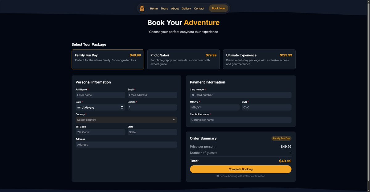 Domvnxk's tweet photo. @hero_ui Just shipped my #HeroHack submission (Landing page): a Capybara Adventures landing page! ๐
Animated hero, clear pricing, and testimonials - all optimized for conversions!
Built with @HeroUI & TailwindCSS
๐Check it out: https://t.co/d9FHaoF81N https://t.co/fOyMrZfZf8