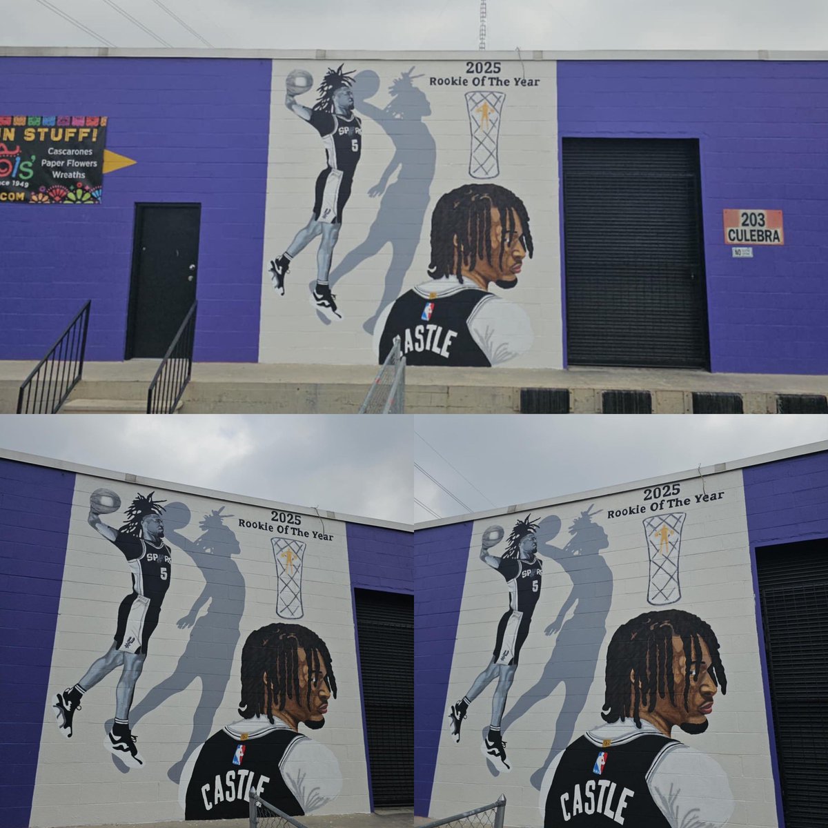 SpursSixthMan's tweet photo. The  Stephon Castle  Rookie of the Year Mural is finished.
Thank you @mikeyasanchez3 and @jc_texas_art for this amazing piece of art!
Head over to @amolsfiesta at 227 Fredericksburg Road and check it out. #mural #stephoncastle #art #artists #spurs #PorVida #GoSpursGo https://t.co/sxrnGP14Vh