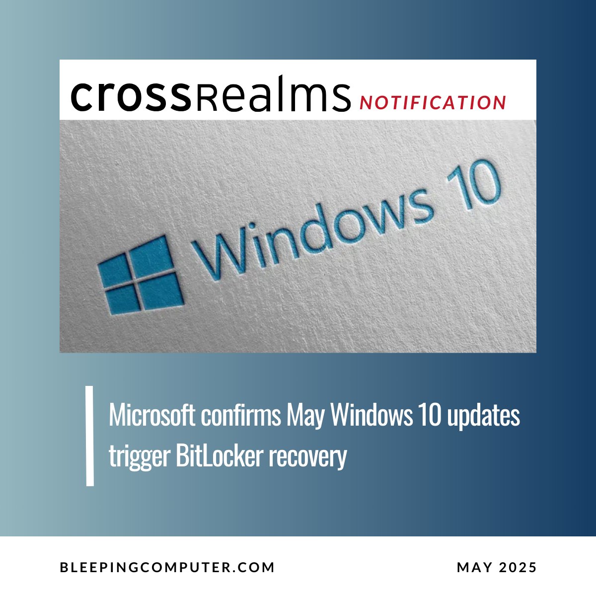 CrossRealmsIntl's tweet photo. Microsoft confirms May Windows 10 updates trigger BitLocker recovery

🔗 Read the full article here: https://t.co/OUuokvopME

#crossrealms #microsoft #windows #bitlocker #cybersecurity #infosec #technews #informationsecurity #informationtechnology #cyberawareness #security #it https://t.co/FaLEwxynnW