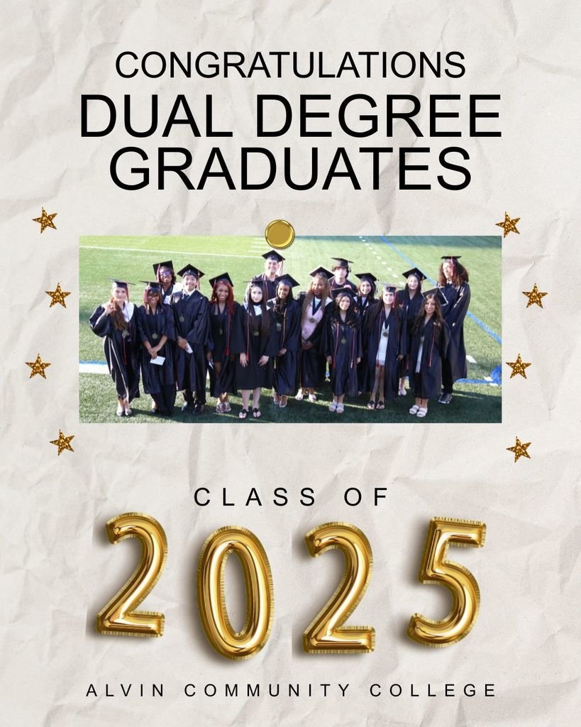 We are incredibly proud to celebrate Iowa Colony High School’s first graduating class, and especially our first group of Dual Degree graduates! These trailblazers have not only completed high school but have also earned their Associate Degrees from Alvin Community College!