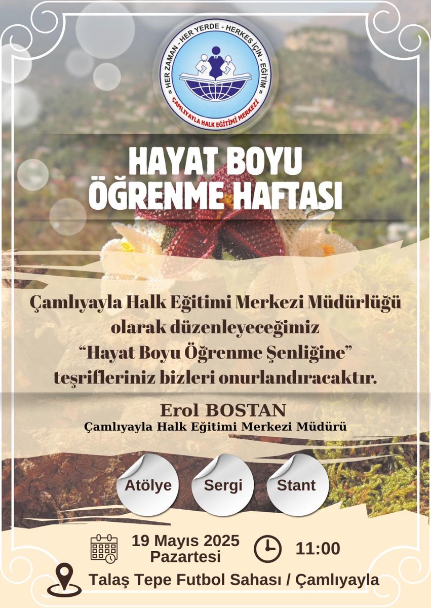Cyayla_HEM's tweet photo. 🪅Hayat Boyu Öğrenme Haftası Şenliğimize Davetlisiniz💌
📌19 Mayıs 2025 Pazartesi 11:00
📍Talaş Tepe Futbol Sahası/Çamlıyayla
#mersindeöğrenmehayatboyudur
@tcmeb @faziletdurmus @MersinMEM @Mersinhayatboyu @camliyaylamem @Tc_Camliyayla https://t.co/PuLsjPrP8r