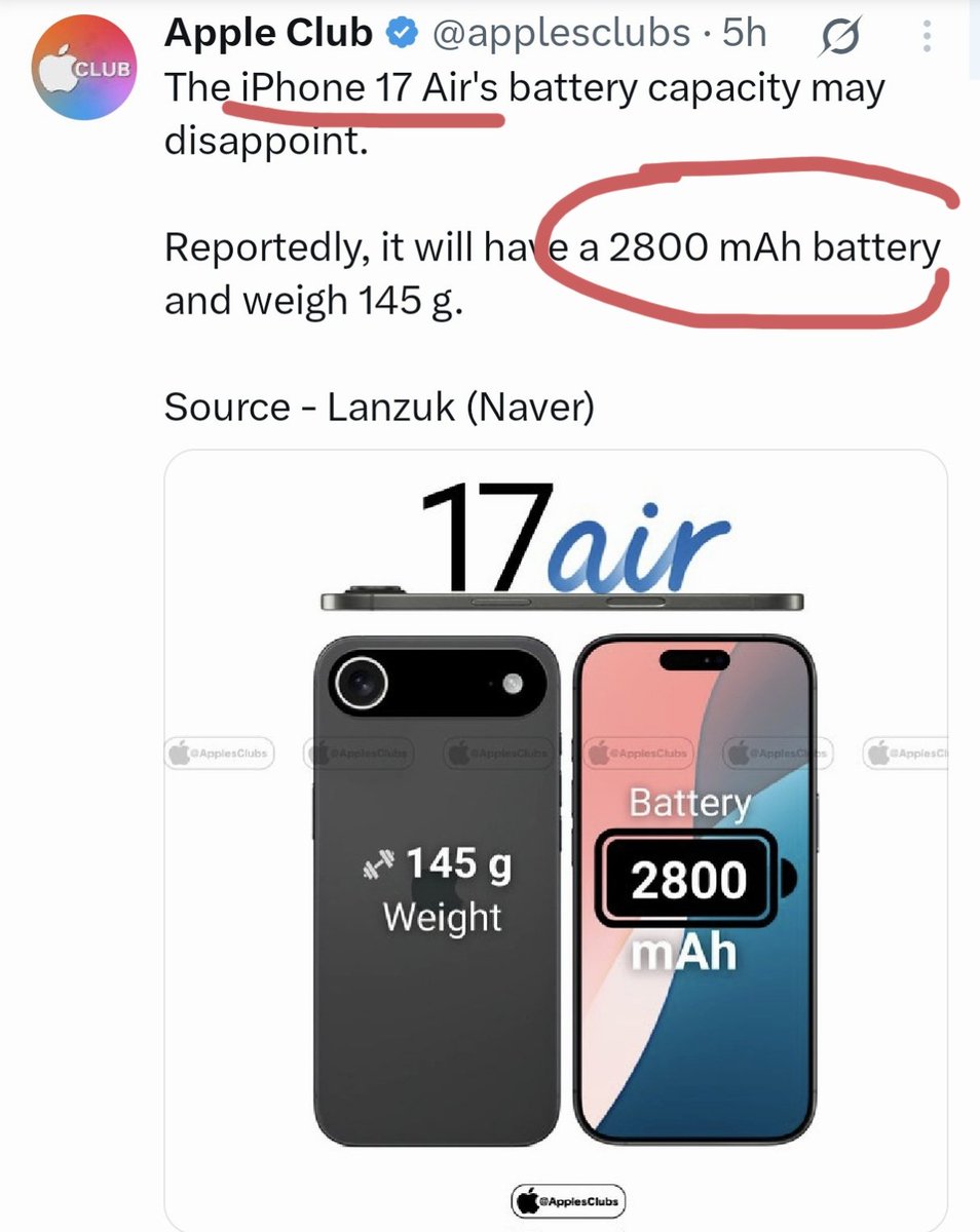 OutofGalaxyy's tweet photo. I don't understand what is going on 😭

First Samsung put a TINY 3900mAh battery in it's 6.7" Galaxy S25 Edge. 

NOW, there is a chance Apple will put JUST 2800mAh battery in a 6.6" iPhone 17 Air 

ARE THEY OUT OF THEIR MINDS??? https://t.co/yNMXNBDWxW