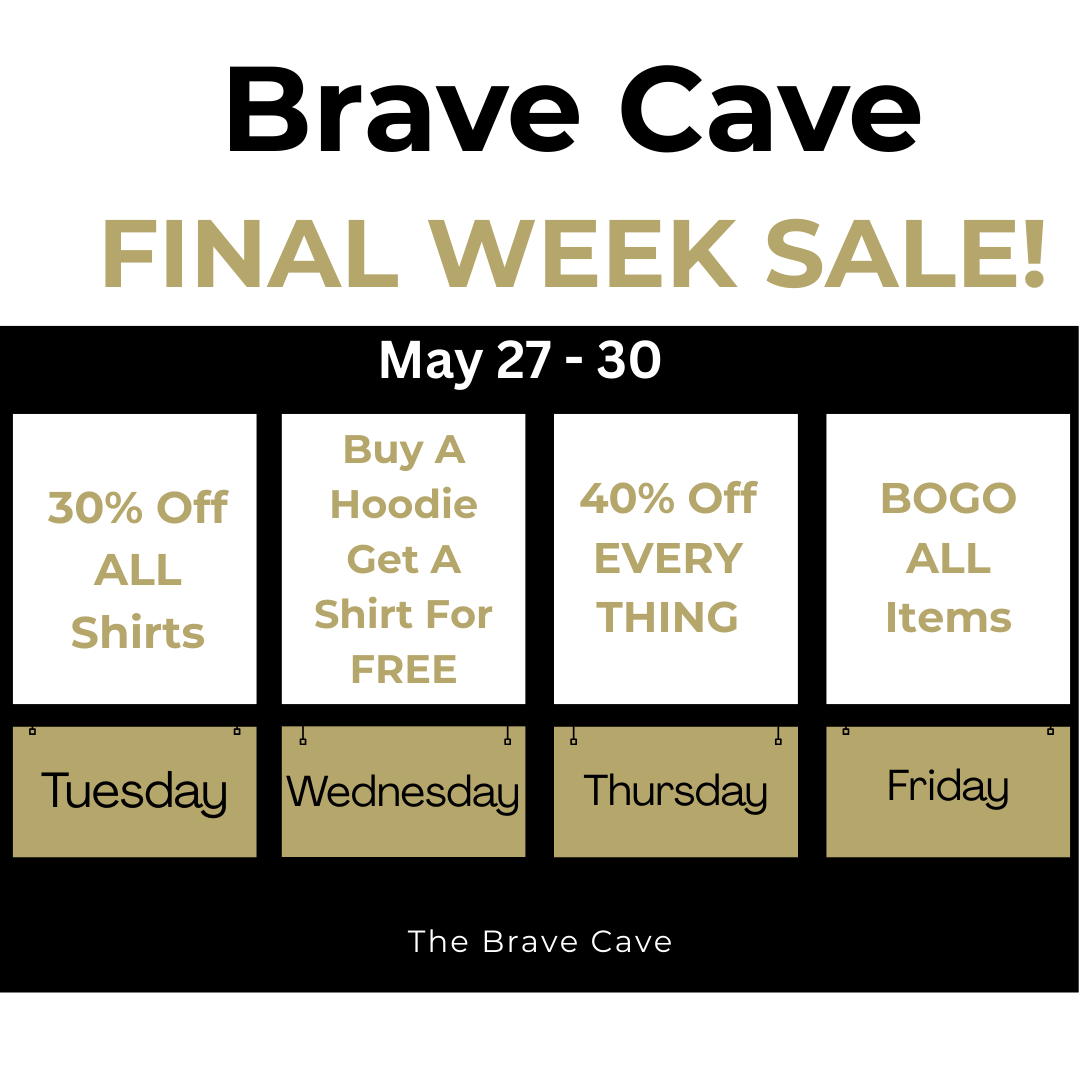 BraveCaveSHS's tweet photo. 🚀 Get ready for the FINAL WEEK SALE at Brave Cave! 🚀
🗓️ May 27-30:
✨ 30% OFF ALL shirts
✨ Buy a hoodie, get a shirt FREE
✨ 40% OFF EVERYTHING
✨ BOGO on ALL items!
Don’t miss out—mark your calendars! #FinalWeek #BraveCave #GoldBlooded @SocasteeHS @HCSCTE https://t.co/4zuSKIbUnL