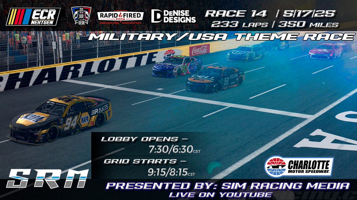 Raceday! Tonight, we head to Legacy Charlotte for our version of NASCAR's longest race of the year with the ECR 350!

Won will grab the 🏆 tonight?

Turn in as <a href="/SimRacingMedia1/">Sim Racing Media</a> calls all the action live on <a href="/YouTube/">YouTube</a>.

Link for tonight's race:
youtube.com/live/wEI-_xbWo…