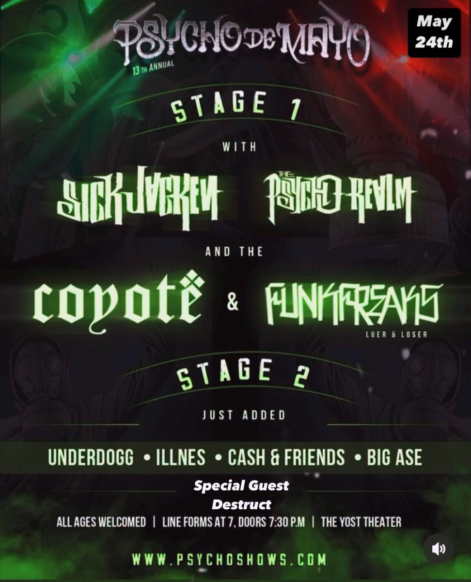 Sat May 24th 🎯
i’ll be rockin’ @ the 13th Annual #PsychoDeMayo with the OG’z @sickjacken x @thepsychorealm 💀 
Live at #TheYost Theater in #SantaAna 

Salute to my peoples @dadoggfromunder for having me as special guest alongside <a href="/coyoteforhire/">Coyote</a>, @funkfreaks + more!