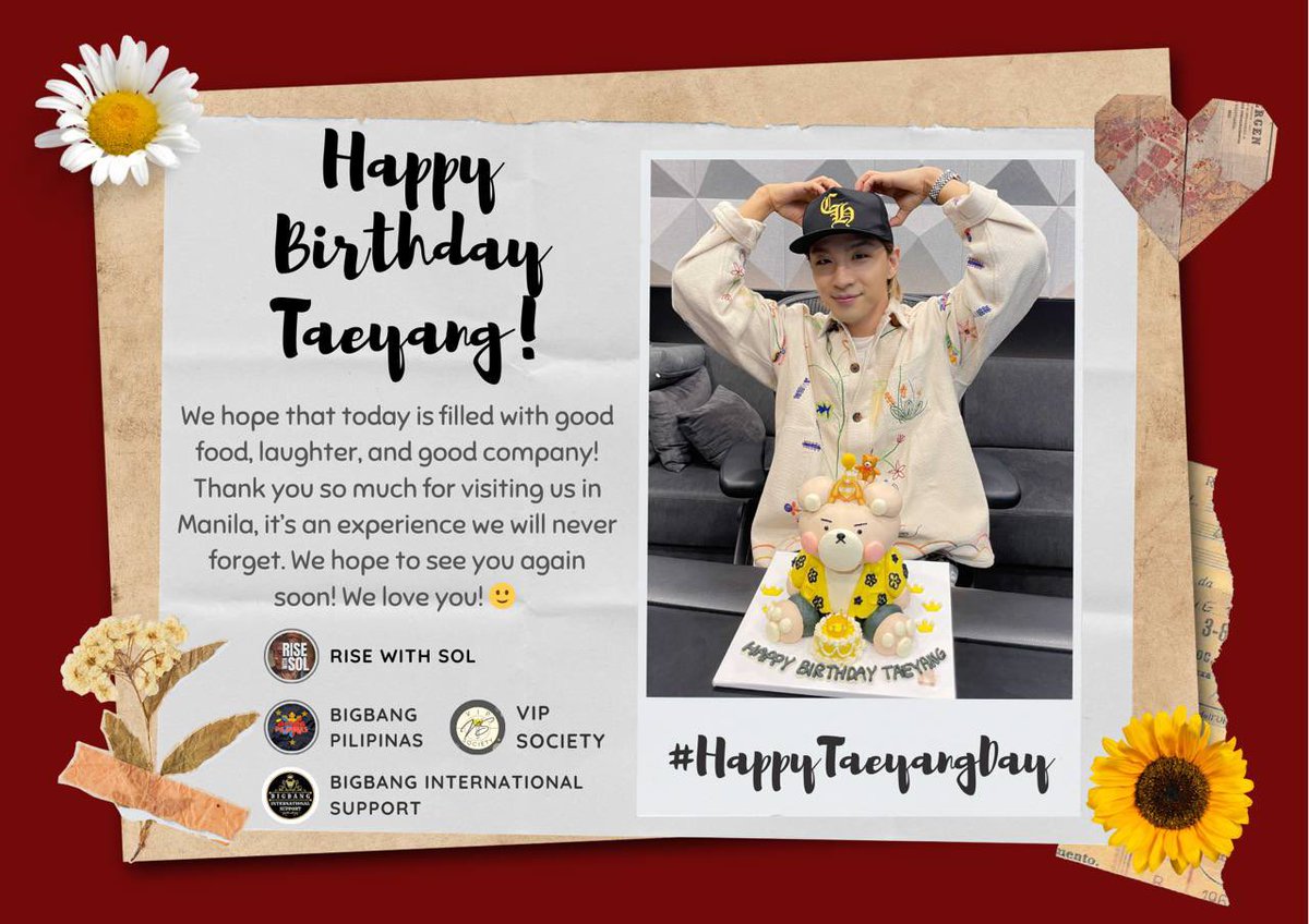 RISEwithSOL's tweet photo. HAPPY BIRTHDAY TAEYANG!
Hope today is filled with laughter and good company! 🥳🎂

#HappyTaeyangDay 
#태양 #TAEYANG @Realtaeyang https://t.co/bbAusPZuw3