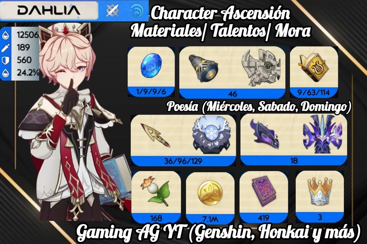 anthonygoy61798's tweet photo. Pre farmeo para Dahlia - En donde Farmear sus Materiales y su Arma para la 5.7 - Genshin Impact.
Pre-farming for Dahlia - Where to Farm His Materials and Weapon for 5.7 - Genshin Impact.
#GenshinImpact #AnimeJapan #waifu #escoffier #prefarmeo #farmeo #gacha https://t.co/FnPjvFKKAe