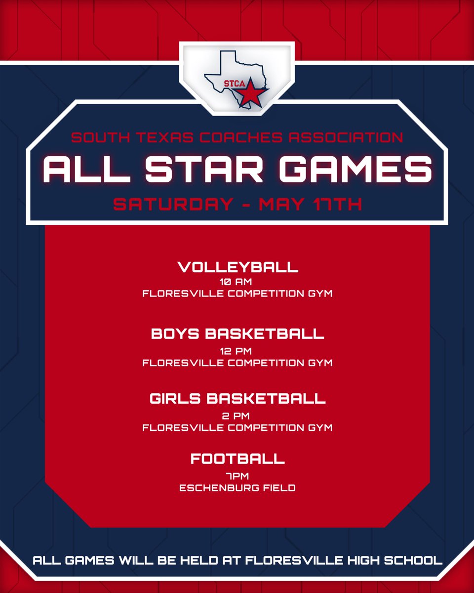 Coach Martinez (@ilyanmartinez) on Twitter photo Good luck to all our Tigers & Jaguars competing today in the <a href="/CoachesSouth/">South Texas Coaches Association</a> STCA All-Star Games. Good luck to all our Tigers & Jaguars competing today in the <a href="/CoachesSouth/">South Texas Coaches Association</a> STCA All-Star Games.