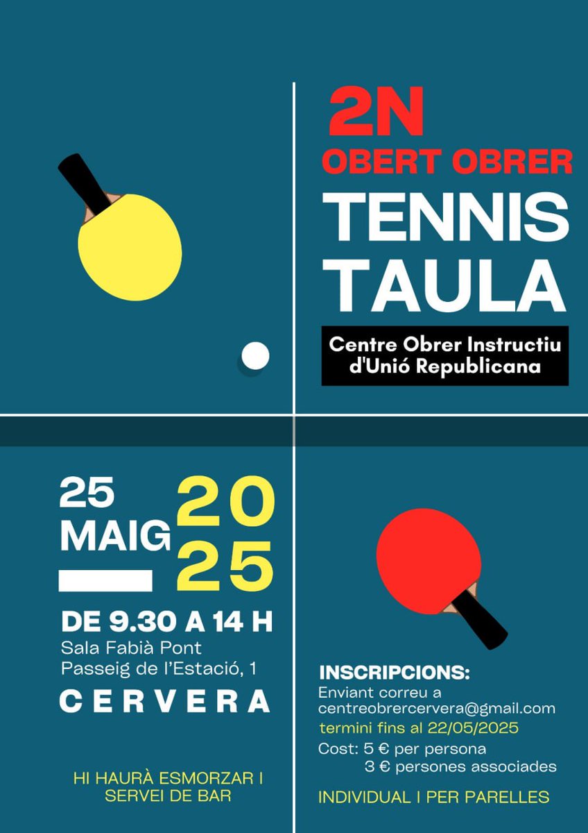 🗣️ Atenció!! El proper diumenge 25 de maig hi tornem amb el 2n Obert Obrer de tennis taula! 🏓
Teniu temps per apuntar-vos fins dijous! No badeu! 😏
#Cervera