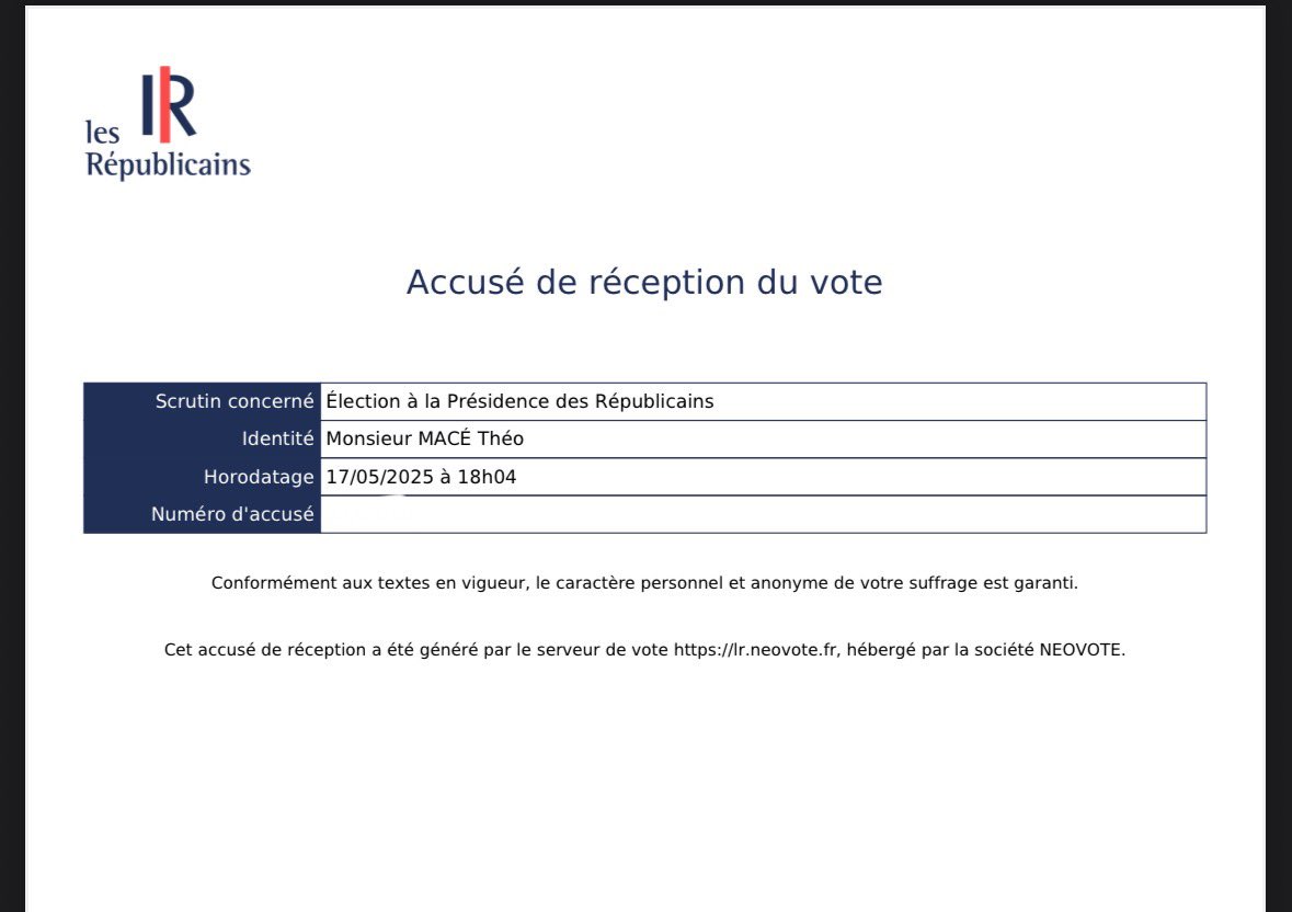 TheoMace_off's tweet photo. Le vote pour la présidence des @lesRepublicains est ouvert jusqu’à demain 18h. 🗳️
J’ai voté ! À vous de jouer : chaque voix compte pour l’avenir de notre parti. 🇫🇷
Besoin d’aide ? Contactez le siège. 📞
#VoteLR #LesRépublicains #PresidenceLR https://t.co/fM3tti1Bmm