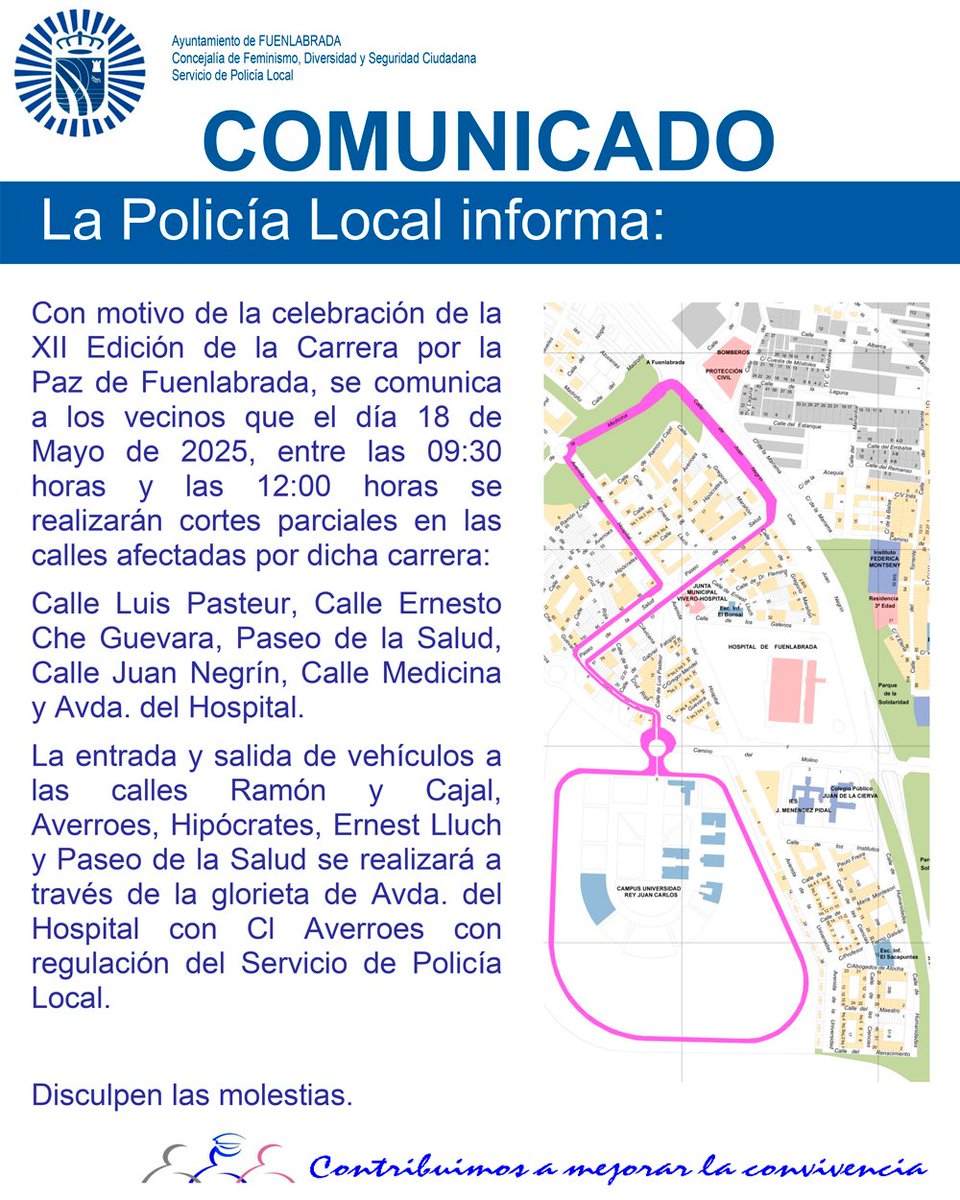 🚧 Con motivo de la XII Carrera por la Paz de Fuenlabrada, el domingo 18 de mayo de 2025 entre 09:30h y 12:00h, se realizarán cortes parciales en su recorrido 🏃‍♂️🏁

⚠️ Rogamos disculpen las molestias y planifiquen sus desplazamientos. ¡Gracias por su colaboración!