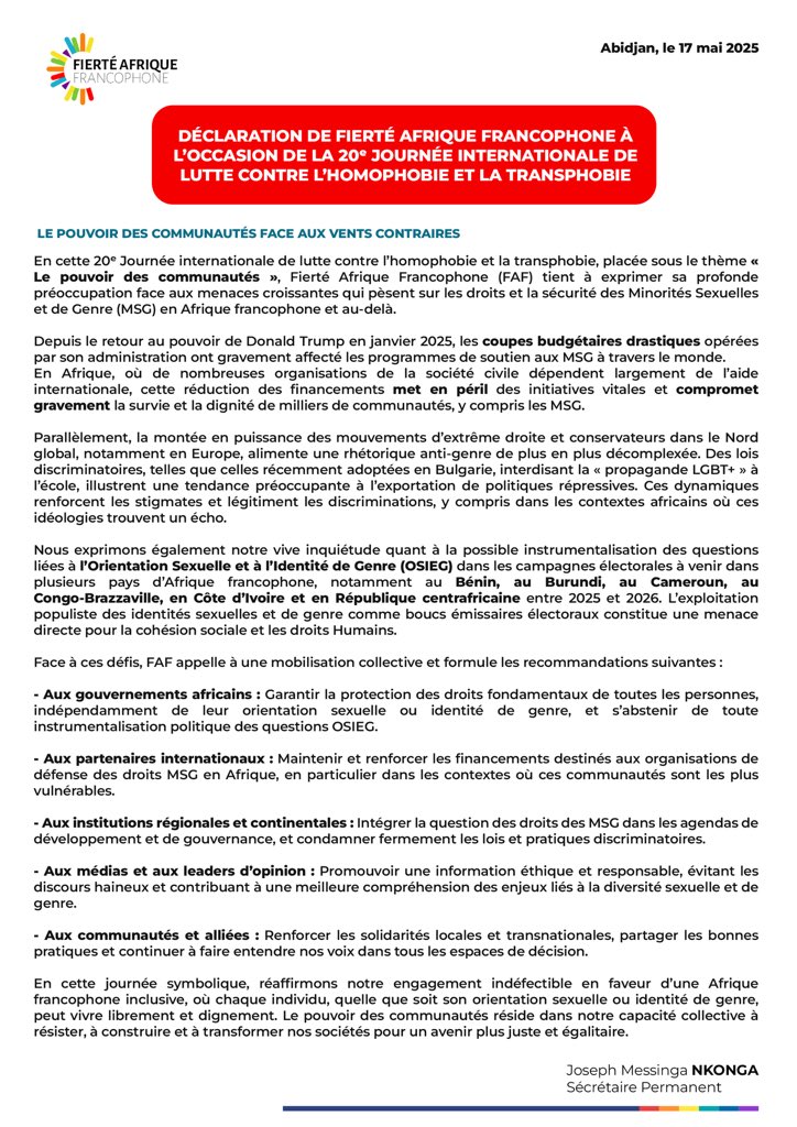 FierteAfrique's tweet photo. Francophone Africa Pride Statement on the occasion of the 20th International Day Against Homophobia, Transphobia and Biphobia.
@FierteAfrique 
@fondemergence 
@ISDAOSankofa https://t.co/8rFuy007eG