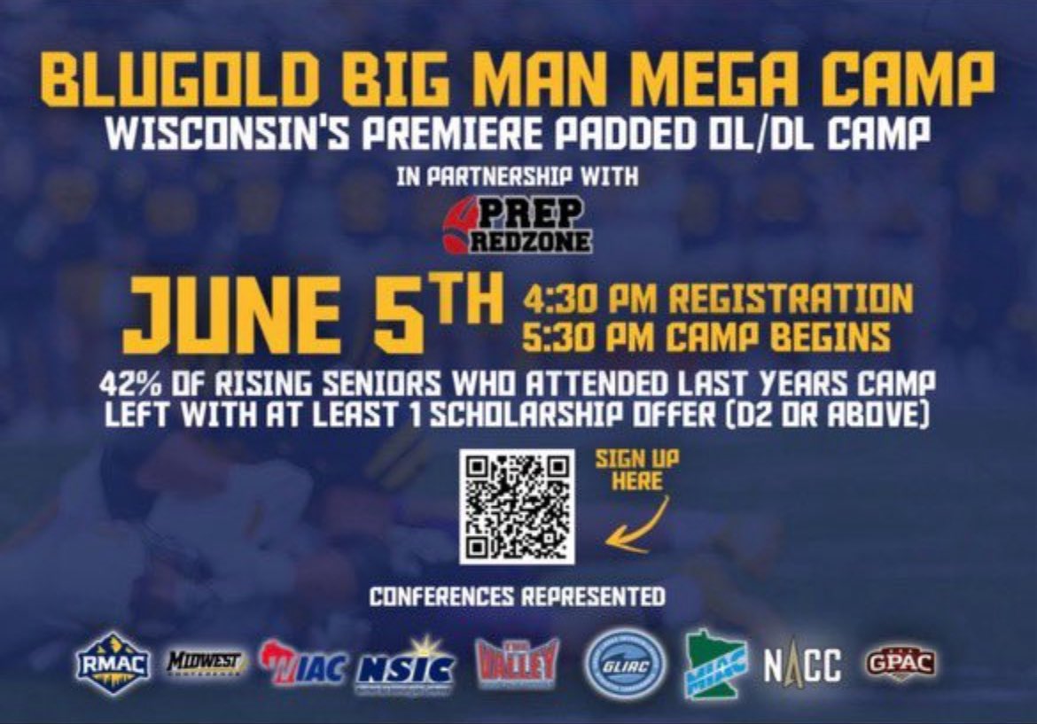 Thank you <a href="/CoachHoover9/">Tim Hoover</a> for the invite to <a href="/UWECFootball/">Blugold Football</a> big man camp!