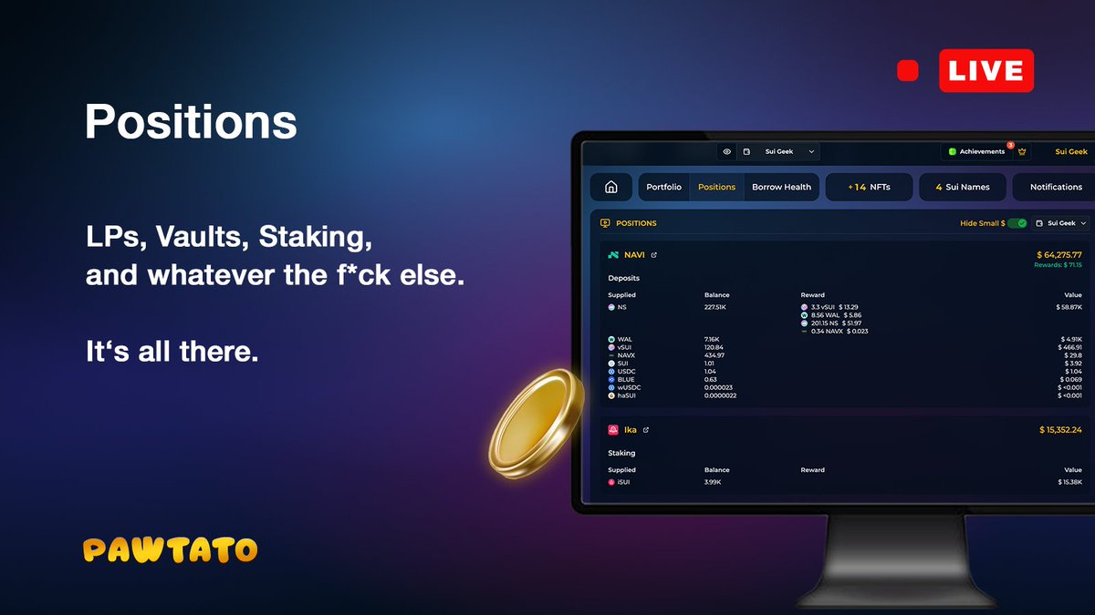 PawtatoFinance's tweet image. 📊 New Feature: Positions Screen is LIVE!
A full overview of your DeFi portfolio - on one screen:
• LPs / Price Ranges
• Vaults & Farms
• Rewards
• Staking
• Borrows, Lending & Deposits
💻 Here you go: pawtato.app 🐾