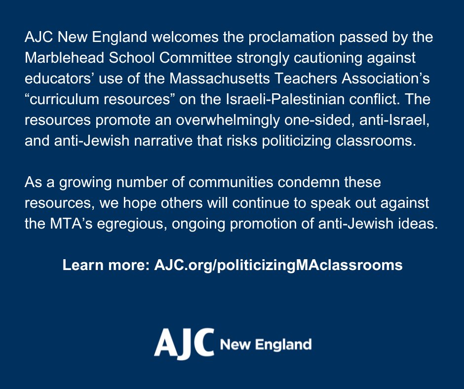 Thank you Marblehead School Committee for taking action to protect classrooms as places for education, not indoctrination.
Learn more about the MTA’s anti-Israel campaign and how to act: AJC.org/politicizingMA….