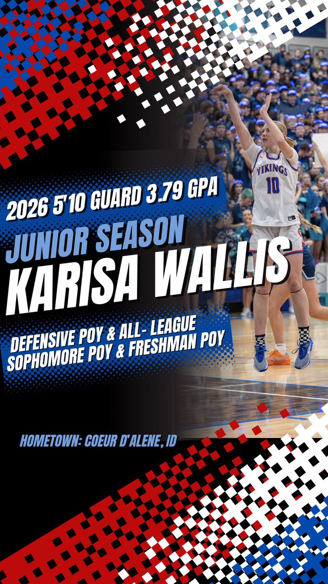 LWJ College Fit Consulting (@lwj_productions) on Twitter photo Karisa Wallis <a href="/KarisaWallis10/">Karisa Wallis</a> (2026 | 5’10 G | 3.73 GPA | Coeur d’Alene, ID)
A two-time state champion with Defensive POY honors, Karisa makes winning plays under pressure and takes pride in shutting down top matchups. Coaches love her toughness, vocal leadership, and basketball Karisa Wallis <a href="/KarisaWallis10/">Karisa Wallis</a> (2026 | 5’10 G | 3.73 GPA | Coeur d’Alene, ID)
A two-time state champion with Defensive POY honors, Karisa makes winning plays under pressure and takes pride in shutting down top matchups. Coaches love her toughness, vocal leadership, and basketball