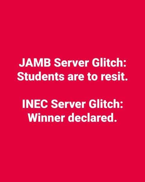 Odiranweke's tweet photo. Naija na land of glitches 

@inec @ioloyode @JAMBHQ https://t.co/MLFq3tIRFi