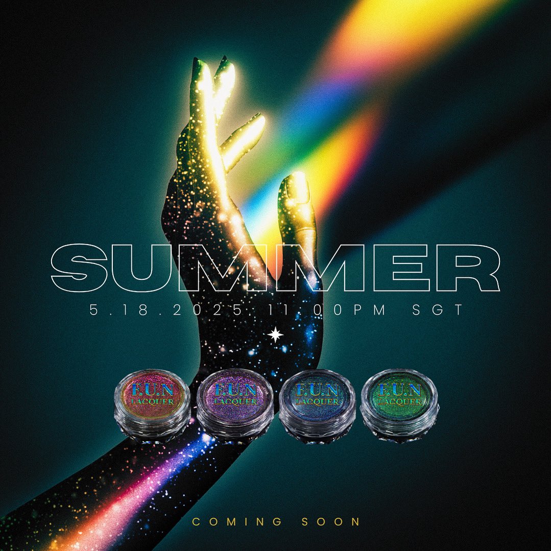 FUNLACQUER's tweet photo. ☀️Summer 2025 is about to get FUN!💿

Mark your calendar 🗓️ May 18 • 11pm SGT

🔥Something *holo-magical* is coming to shake up your nail game… 💅✨  

#funlacquer #summer2025 #comingsoon https://t.co/mW3QHKkigt