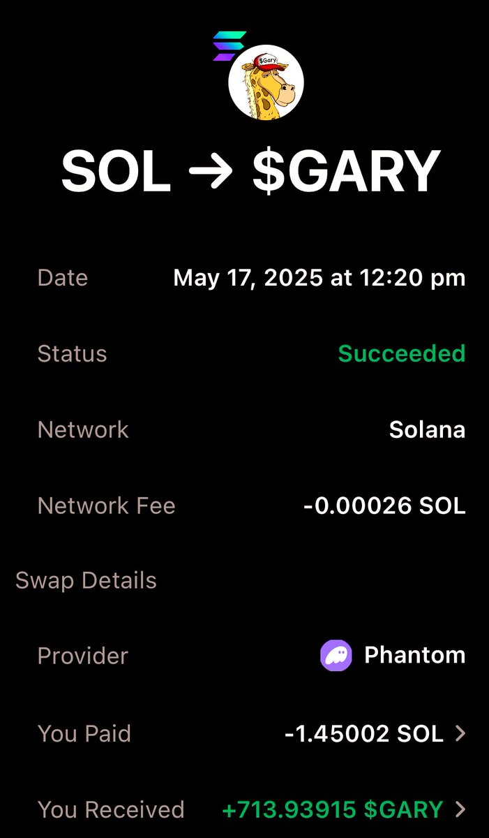 wackednft's tweet photo. Neck deep in the jungle of Solana…

Spotted $GARY, 
stuck my neck out, 
and made the swap.

1.45 $SOL → 713.93 $GARY

Call it a tall move for a tall order.

🦒🦒🦒

#GiraffeGains 
#WackedNFTs 
#GaryCoin @GaryCoinOnSol 
#SolanaSafari 
#StayNeckedUp 
#DeFiWithSpots https://t.co/UPfxoz4cC6