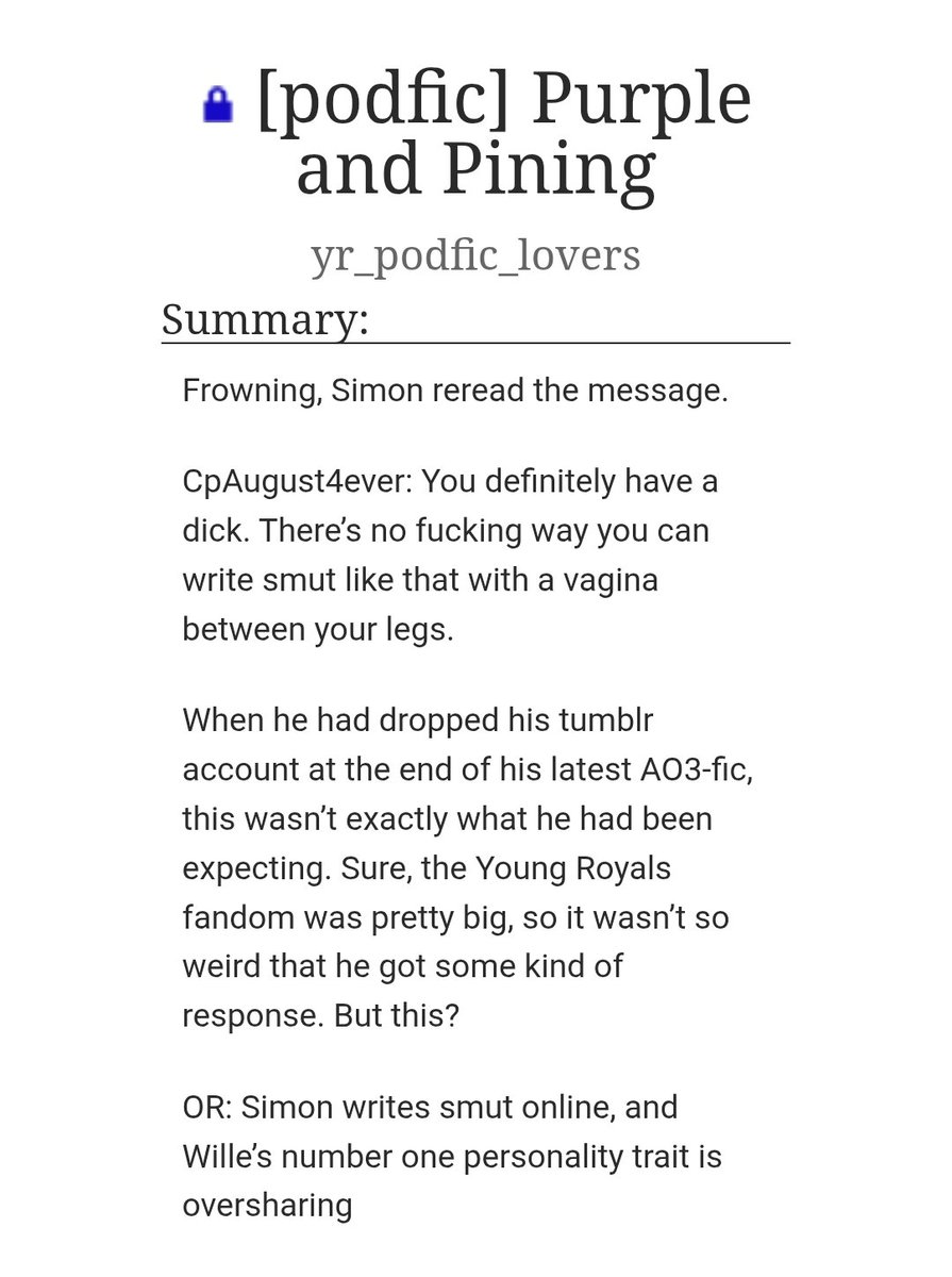Time for some new food for your ears. 👂

Thank you, @DyrTrine16751 for allowing us to record your fic. 

Purple and Pining 

Podfic: archiveofourown.org/works/65640445
Length: 03:17:20
streaming + download

Original work: archiveofourown.org/works/64224838…
