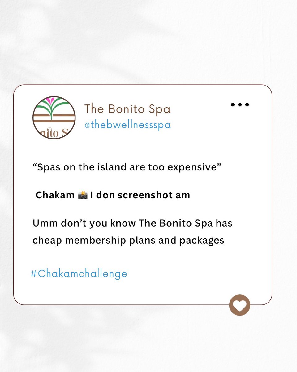 thebonitospa_'s tweet photo. Our membership plans are super affordable and the packages we curated will have your body thanking us ♥️🤭🍃

you sef #chakam so you don’t forget! https://t.co/wm4jENYCI7