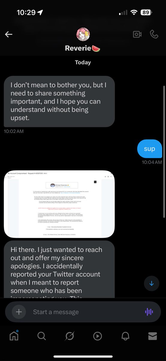 portraitofmanda's tweet photo. unsure if anyone needs to hear this but if you receive dms like this it’s a hack :/ please don’t take to discord for twitter support https://t.co/nCah384kRk
