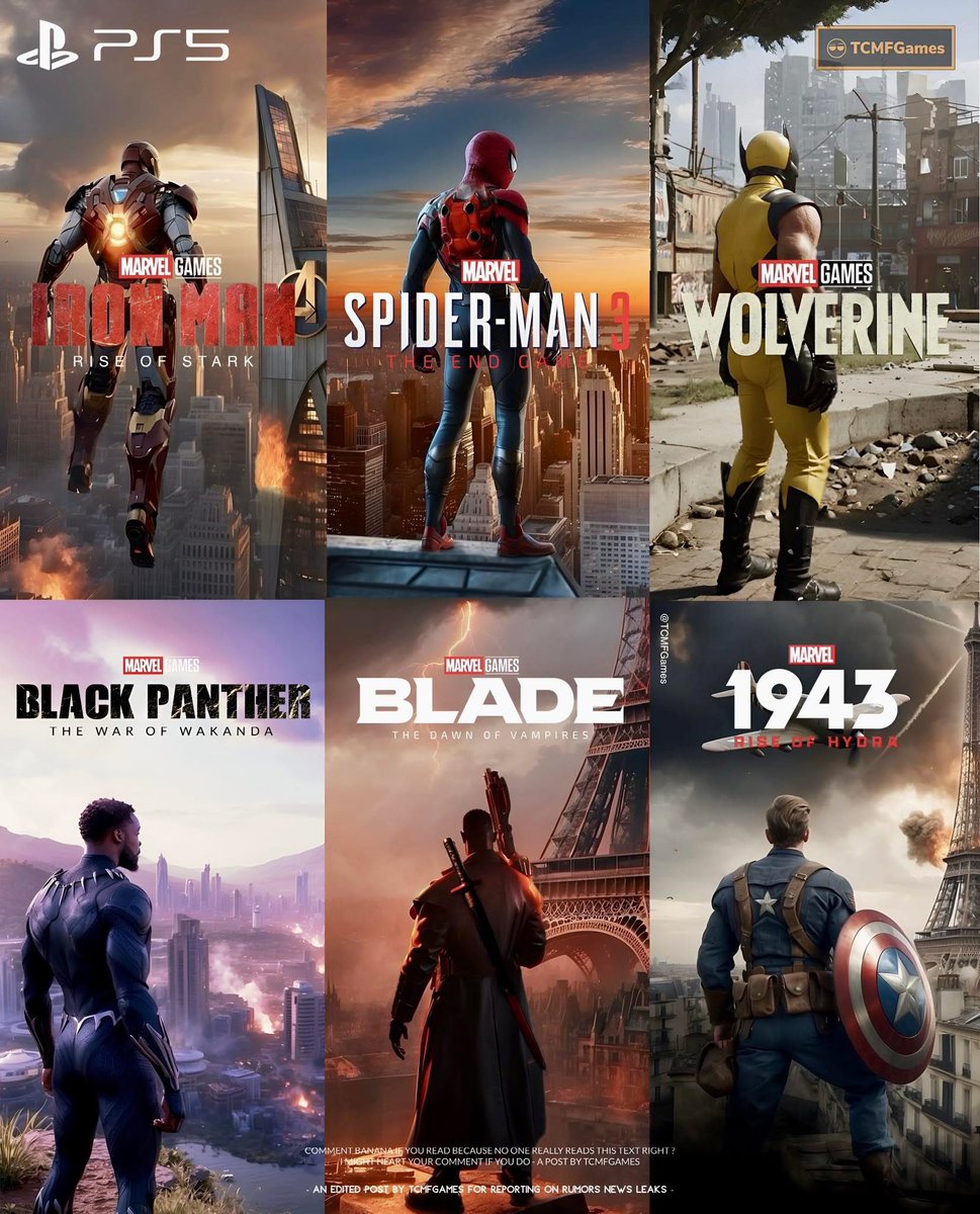 TCMF2's tweet photo. Marvel PS5 Games 
⠀ ⠀ ⠀ ⠀ ⠀ ⠀ ⠀ ⠀ ⠀ ⠀  ⠀ ⠀ ⠀ ⠀ ⠀ ⠀ ⠀ ⠀ ⠀ ⠀  
+ Iron Man : confirmed, over at EA 

+ Wolverine : confirmed, over at Insomniac 
Set to potentially launch in 2026 

+ Black Panther : confirmed, over at EA

+ Spider Man 3 : teased, over at insomniac 
Set to potentially launch in 27/8

+ Blade : confirmed, over at Arkane 
Set to potentially launch in 2027 

+ Marvel 1943 : confirmed, over at Sky Dance 
Confirmed to launch in early 2026 

- PS5 Pro | PS5Themes | Playstation