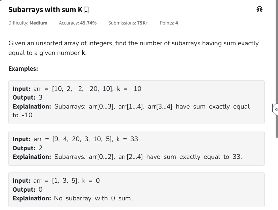 Shashank8839's tweet photo. 🎯 Day 49 of #geekstreak2025  with #gfg160 
🔍 Problem: Count the number of subarrays whose sum equals a target k.  @geeksforgeeks #geeksforgeeks #subarraysum #prefixsum #javascript #dsa #coding #100daysofdsa #codingchallenge #webdeveloper #frontenddeveloper #softwareengineering https://t.co/zipehi0jNr