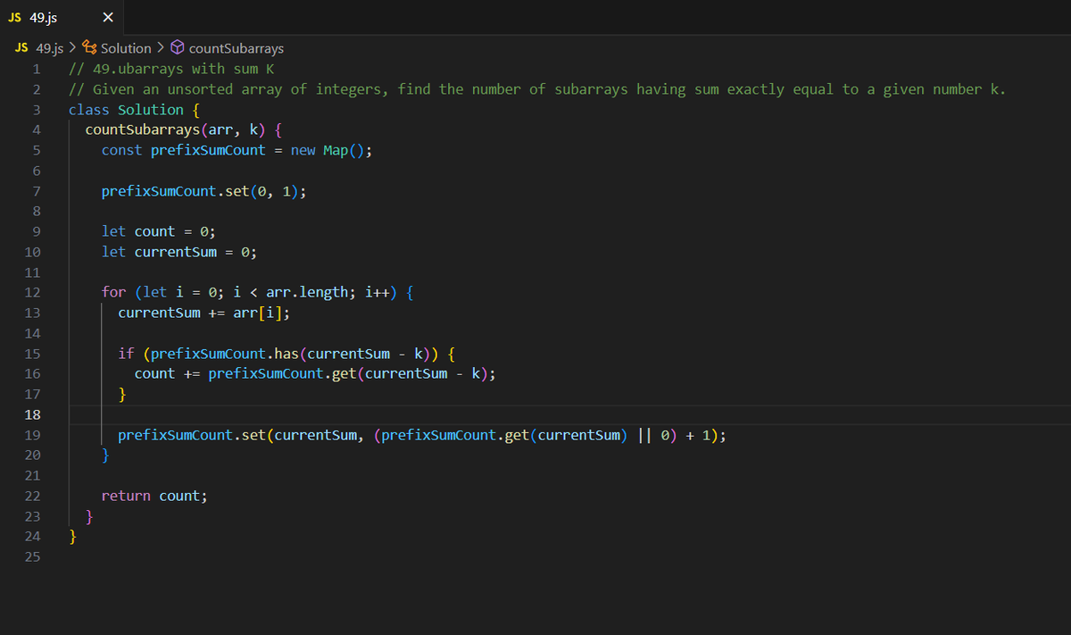 Shashank8839's tweet photo. 🎯 Day 49 of #geekstreak2025  with #gfg160 
🔍 Problem: Count the number of subarrays whose sum equals a target k.  @geeksforgeeks #geeksforgeeks #subarraysum #prefixsum #javascript #dsa #coding #100daysofdsa #codingchallenge #webdeveloper #frontenddeveloper #softwareengineering https://t.co/zipehi0jNr