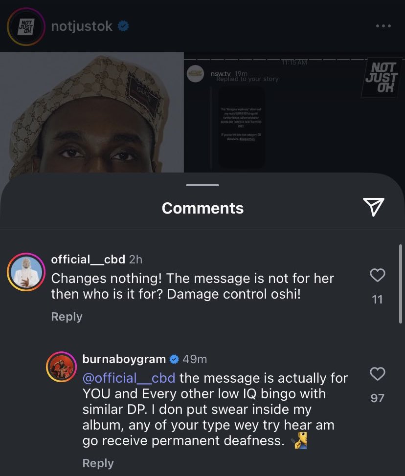 1BENNY7G's tweet photo. Burna Boy cooked a Davido fan on IG. 😭 https://t.co/iR5bWcGeOY