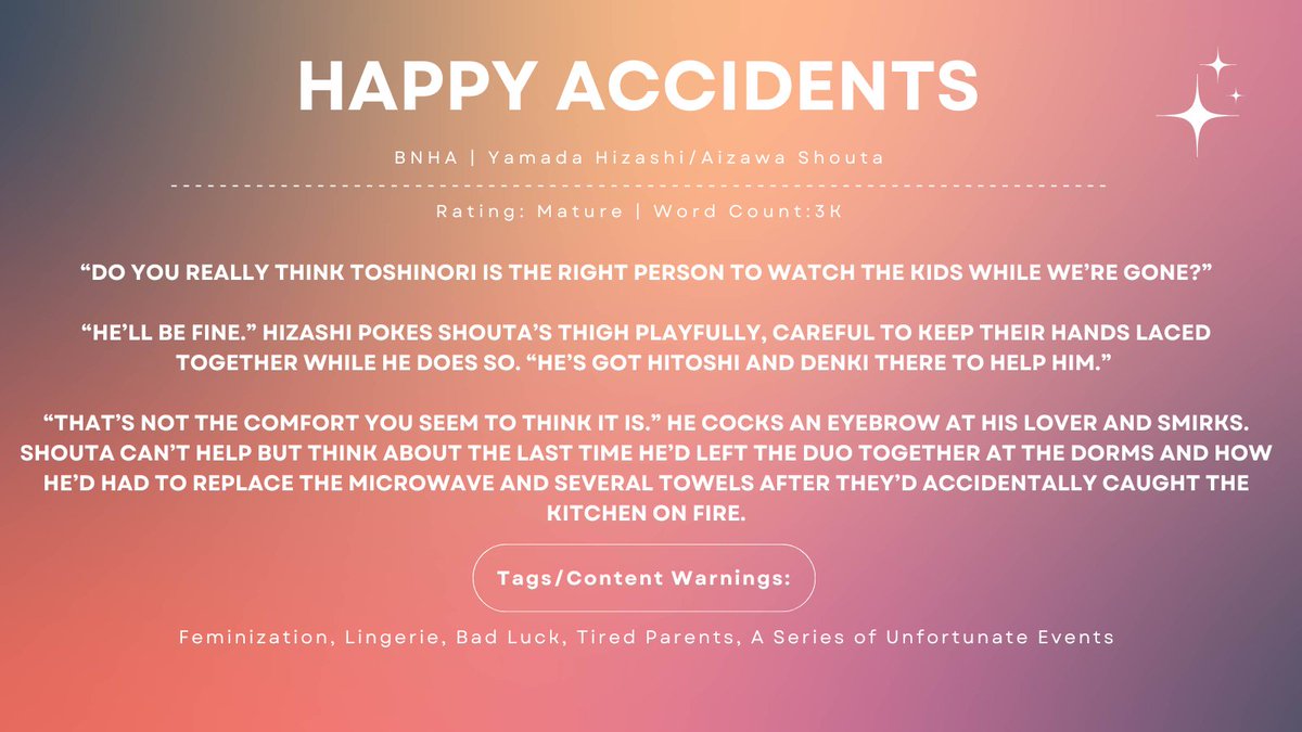 My first of 3 fics I wrote for <a href="/BnhaLuxuryZine/">Luxury: A BNHA Lingerie Zine</a>. This one is a sweet little SFW piece featuring Hizashi &amp; Shouta. 

Links to the fic and leftovers