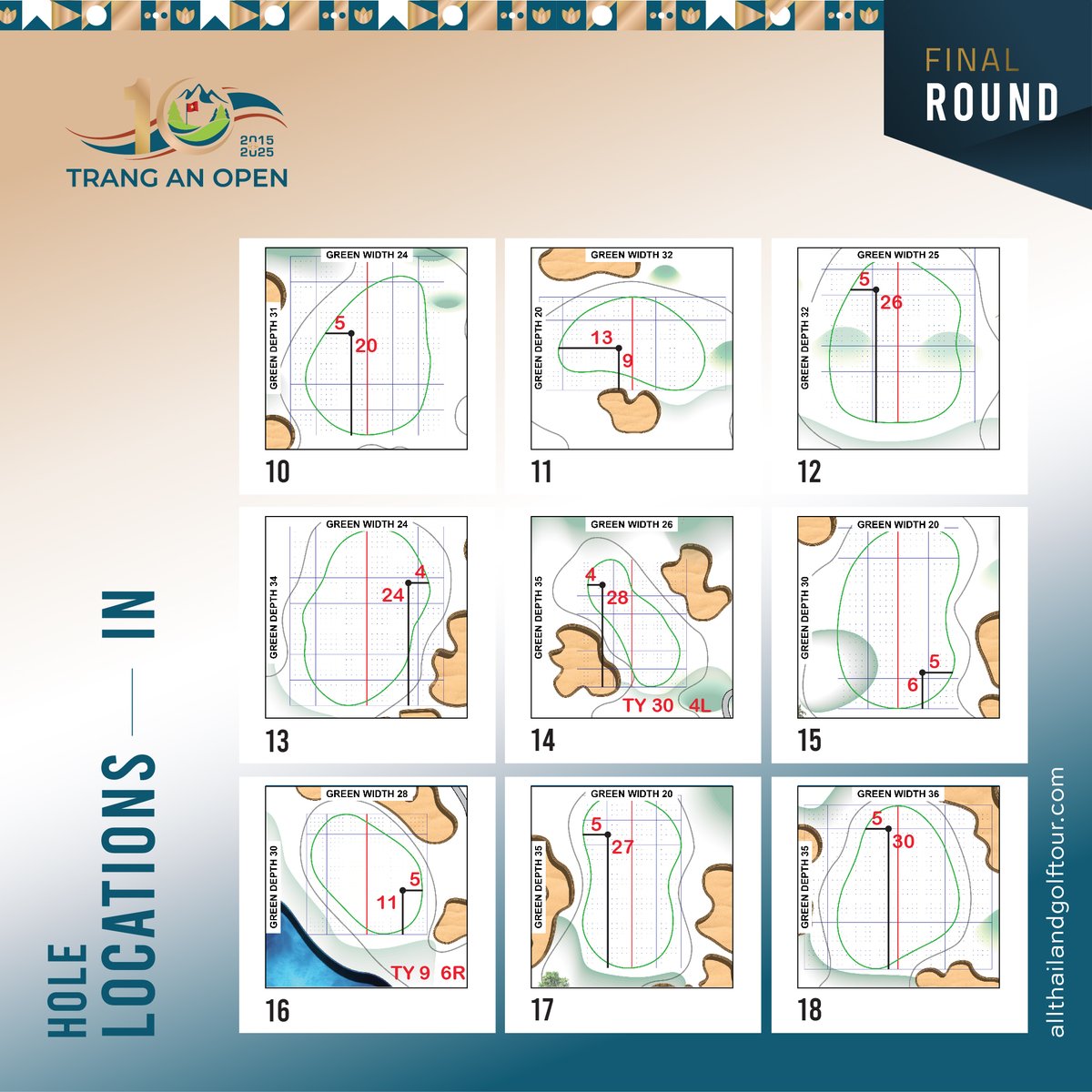 HOLE LOCATIONS — FINAL ROUND
Trang An Open 2025 at Trang An Golf &amp; Resort, Vietnam

#TrangAnOpen2025 #TrangAnGolfResort
#allThailandGolfTour #ATGT
#OfficialWorldGolfRanking #OWGR
