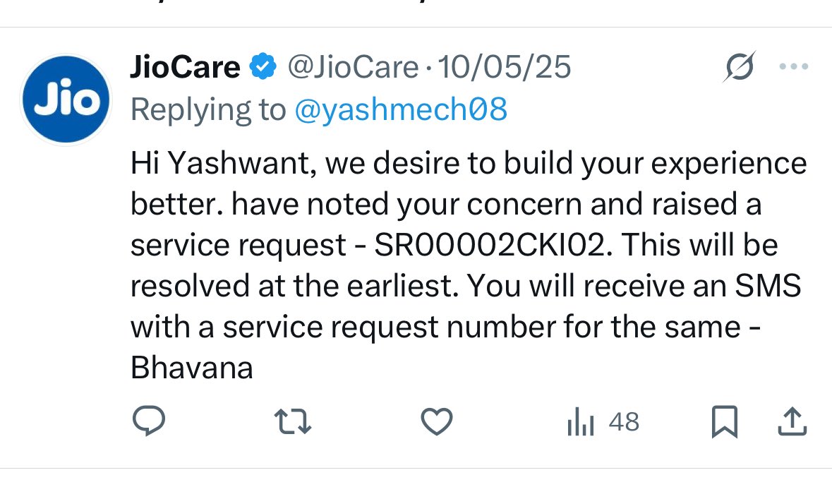 yashmech08's tweet photo. Any update on below service request still I have not received amount in my source account. @JioCare @JIOAIRFIBERIN @relianceindltd @TRAI https://t.co/aNoewQaYS7