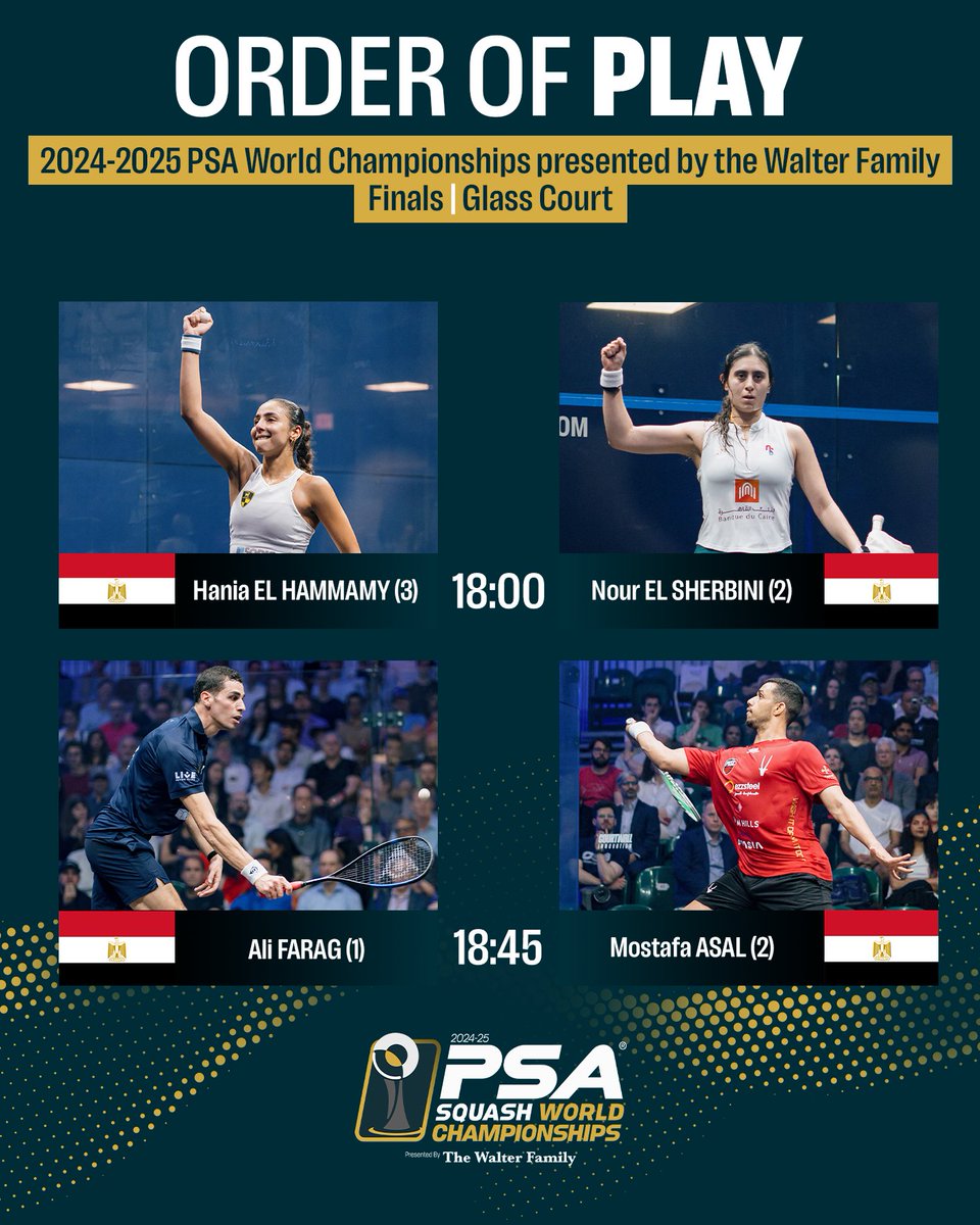 The moment we have all been waiting for … It’s time for the FINAL 🏆

Two incredible matches await ...  who will be crowned World Champion ⁉️

All you need to know and more 👇
tinyurl.com/zpan8seh

#PSAWorldChamps