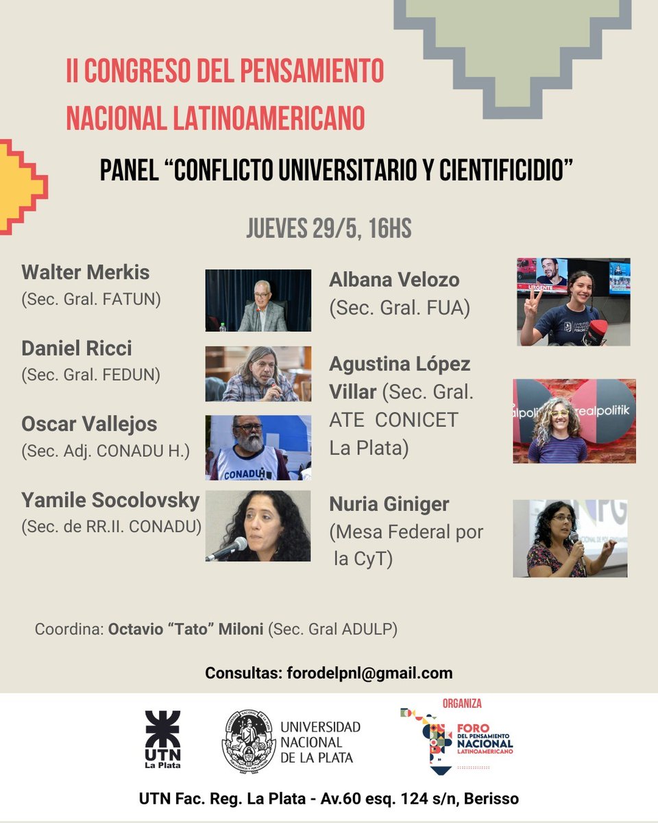 📌 La <a href="/mesa_cytec/">MesaFederalxCyT</a> participará del II Congreso del Pensamiento Nacional Latinoamericano en el panel "Conflicto Universitario y #Cientificidio". 

+ Info 👉  acortar.link/bqgEPa

Inscripción: ✍️  acortar.link/zwECTz