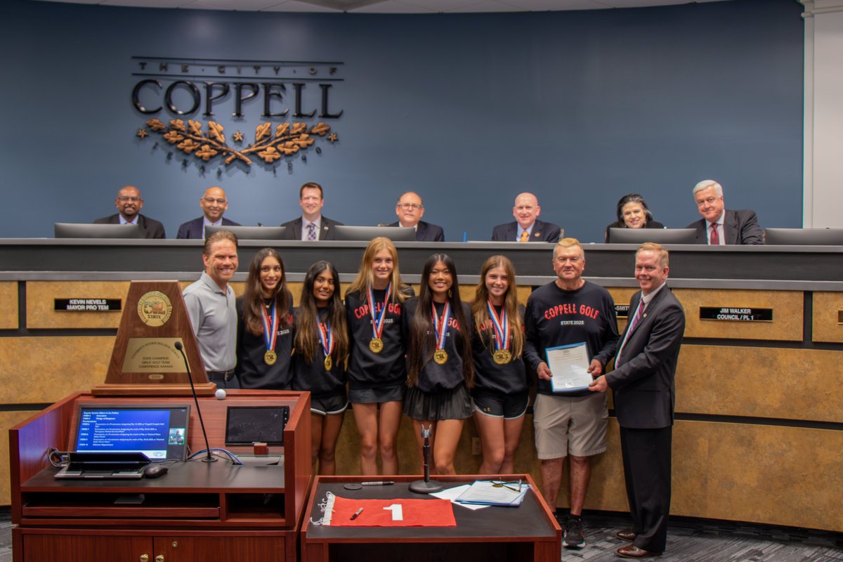 ⛳ It’s a hole-in-one for Coppell! This week, the Coppell Cowgirls Golf Team was recognized by City Council for their 2025 UIL Class 6A Division I State Championship win!

Join us in celebrating these incredible student athletes for an unforgettable season. Congrats, Cowgirls! 🥇
