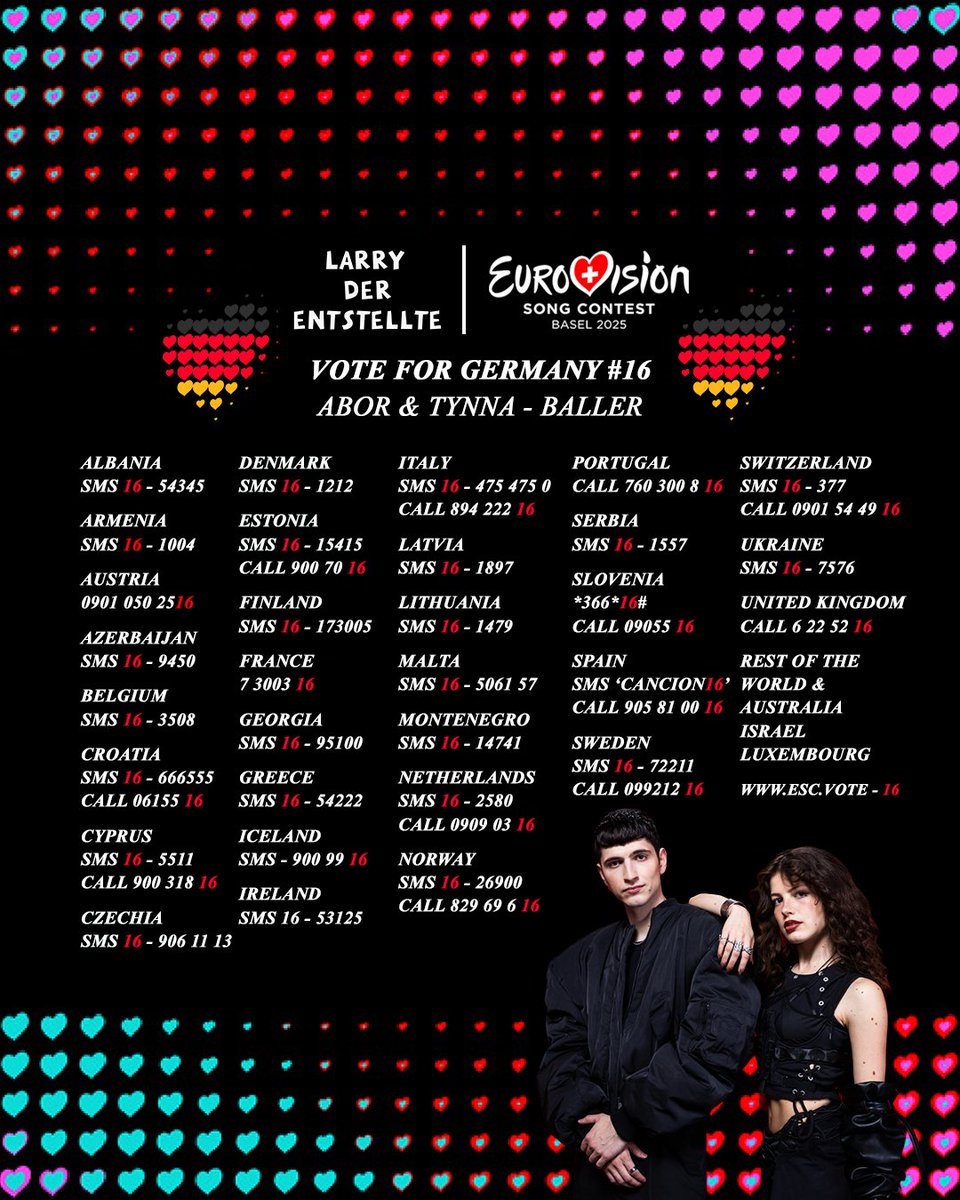 🇩🇪 #VOTE FOR #GERMANY #16 - ABOR &amp; TYNNA - BALLER
📞📱 PLEASE SHARE THIS POST TO SUPPORT ABOR &amp; TYNNA REPRESENTING MY HOME COUNTRY AND PLEASE VOTE FOR THEM! 🙂
#EurovisionSongContest #EurovisionSongContest2025 #Eurovision #Eurovision2025 #ESC #ESC2025 #AborundTynna #Baller