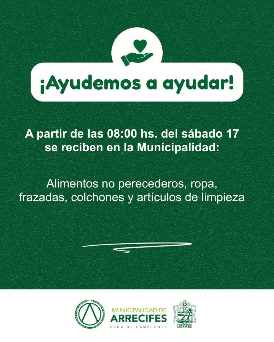 Se agradece cualquier tipo de donación en la municipalidad de Arrecifes para ayudar a los damnificados por el temporal de lluvia. 🙏🏻