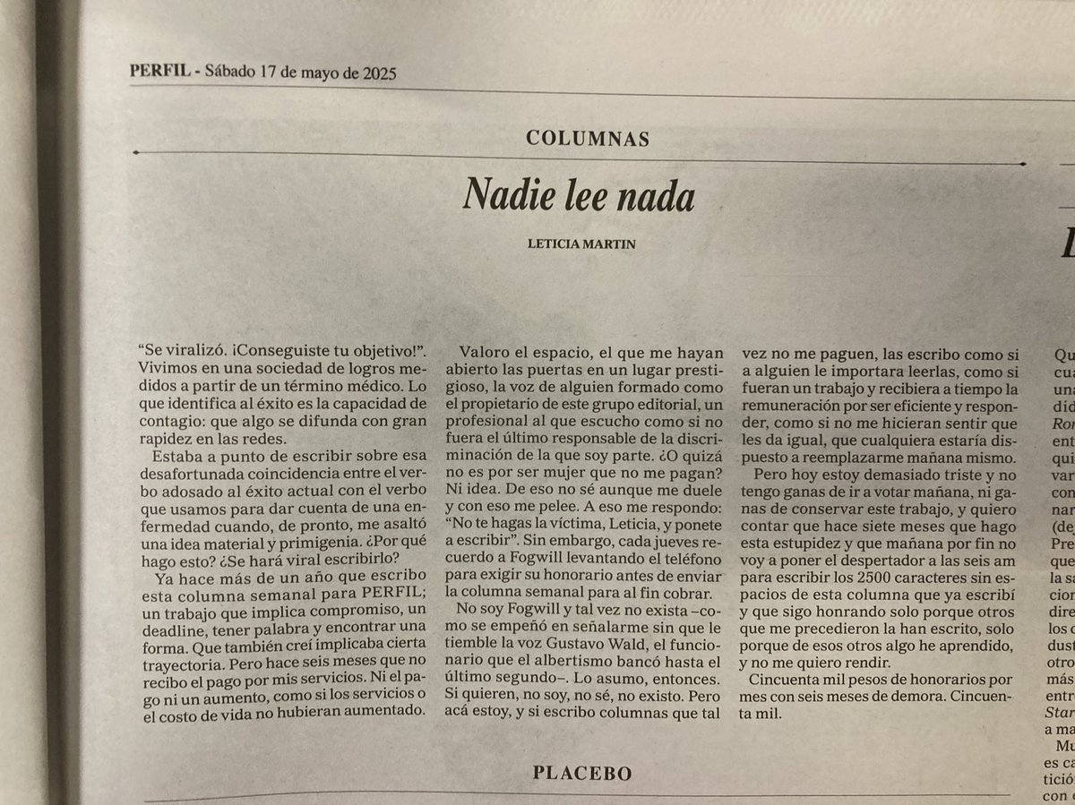 La columna de Leticia Martín que PERFIL dio de baja hoy en su portal.

Nadie lee nada.

"Se viralizó. ¡Conseguiste tu objetivo!”. Vivimos en una sociedad de logros medidos a partir de un término médico. Lo que identifica al éxito es la capacidad de contagio: que algo se difunda