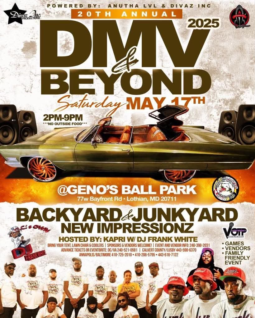 DMV &amp; BEYOND 20th Annual Car, Motorcycle, and Truck Cruise-In!

Eventbrite: 20th-annual-dmv-beyond-car-motorcycle-truck-cruise-in-

Powered By: DIVAZ Inc. &amp; Anutha Lvl 

Location: Geno’s Ball Park

77w Bayfront Rd
Lothian, Md